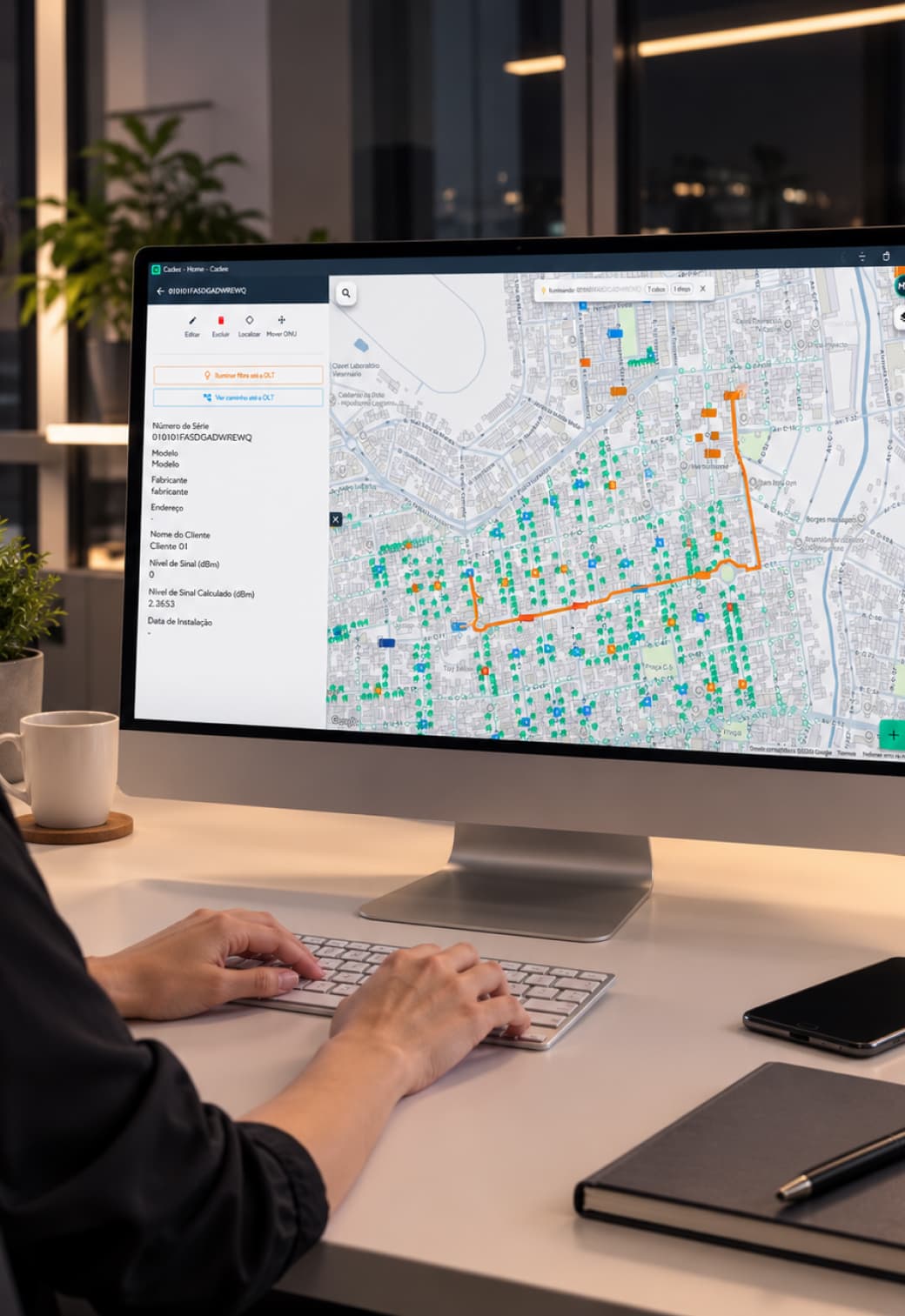 Mapa geral de documentação de rede FTTH na plataforma Cadex com ativos filtrados por cidade e status