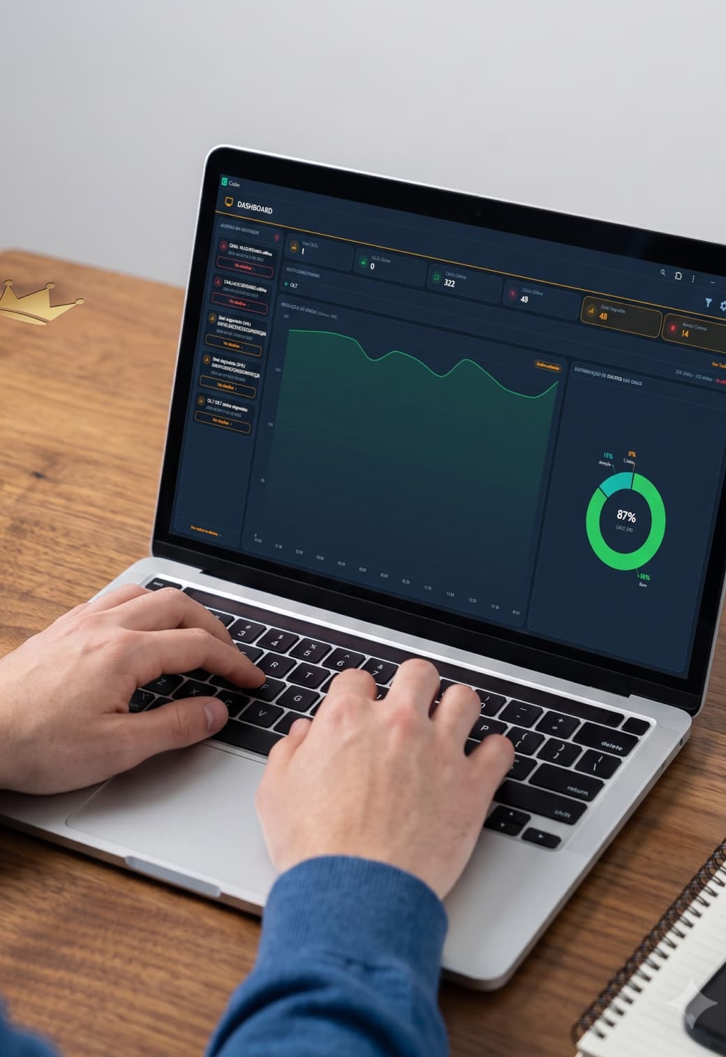 Gestor de provedor de internet acompanhando mapa de monitoramento de rede com alertas em tempo real na Central Cadex
